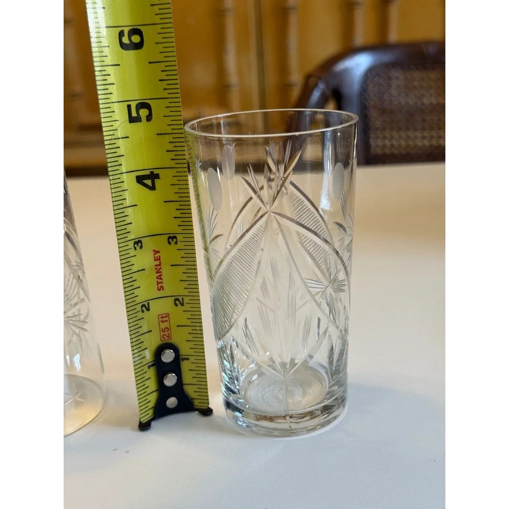 Vintage Cut Glass Highball Tumblers Starburst Wheat Etched‎ Barware Set of 4